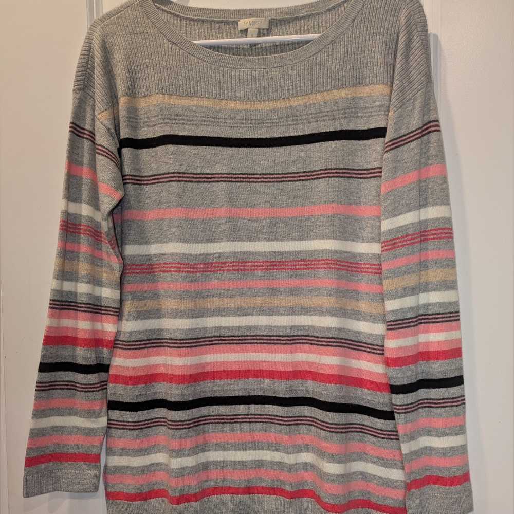 Talbots Striped Knit Sweater NWT Size Small Gray Pink Lightweight Crewneck